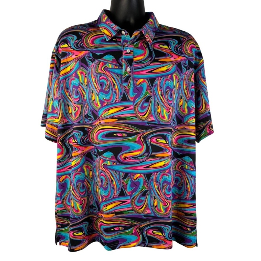 Hreski XXL Polo Shirt Psychedelic Swirl Abstract Multicolor Golf Short Sleeve